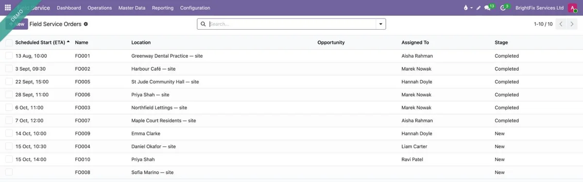 Выезды по инженерам — от новых до выполненных.