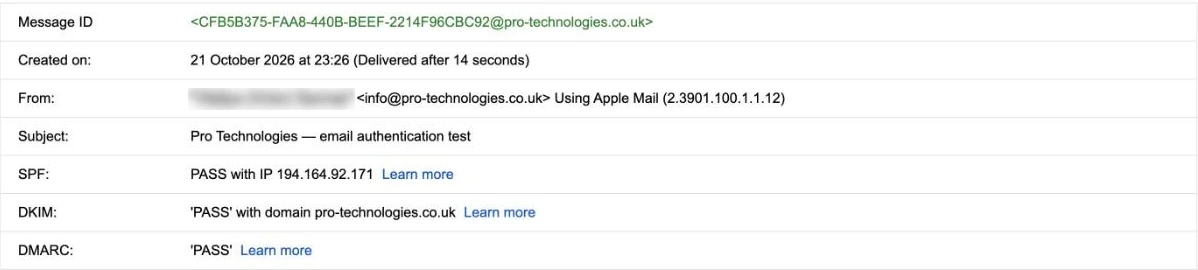 Gmail „Rodyti originalą“: SPF, DKIM ir DMARC — PASS adresui info@pro-technologies.co.uk
