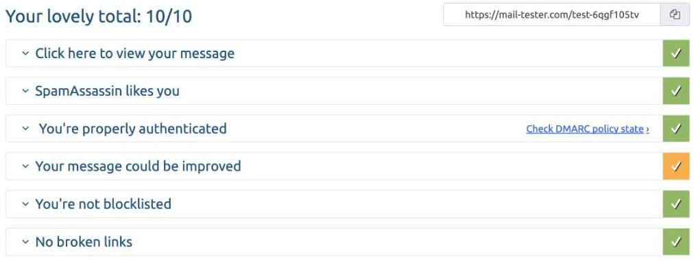 mail-tester.com patikros: autentifikavimas, SpamAssassin, juodieji sąrašai, nuorodos